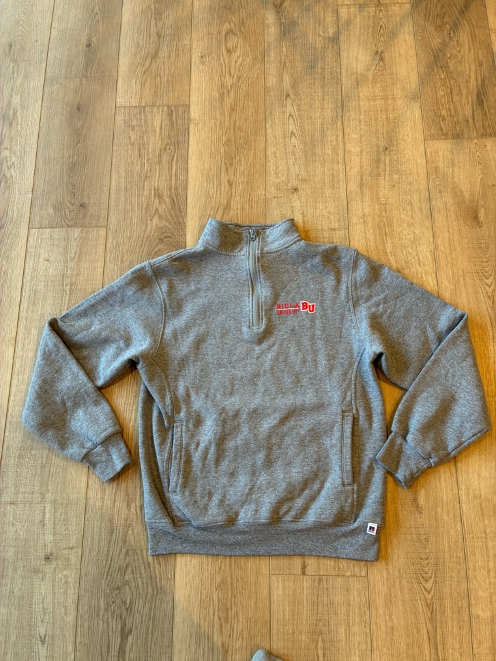 Vintage Russell Athletics Biola Uni Gray 1/4 Zip mock neck Men's sweatshirt med
